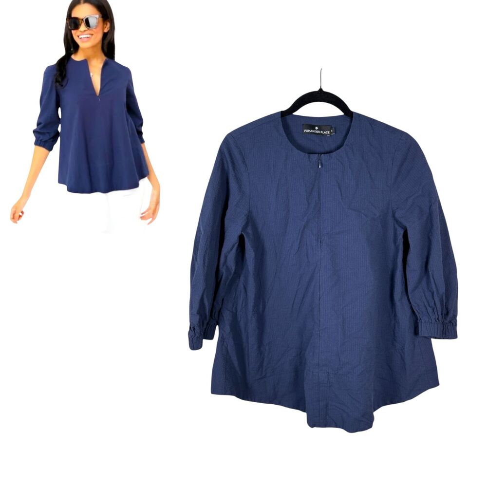 Pomander Place Tuckernuck Kieran Seersucker Blouse Navy Blue Size Small